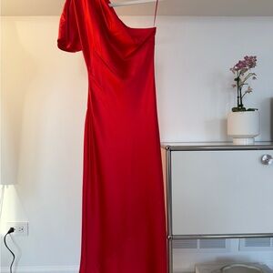 New Fleur du Mal 100% Silk Vibrant Red One-Shoulder Dress